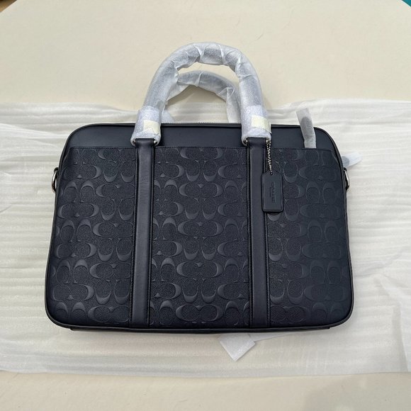 Coach NWT Logo Leather Midnight Navy SLIM Brief Case with Crossbody Strap - Picture 1 of 11